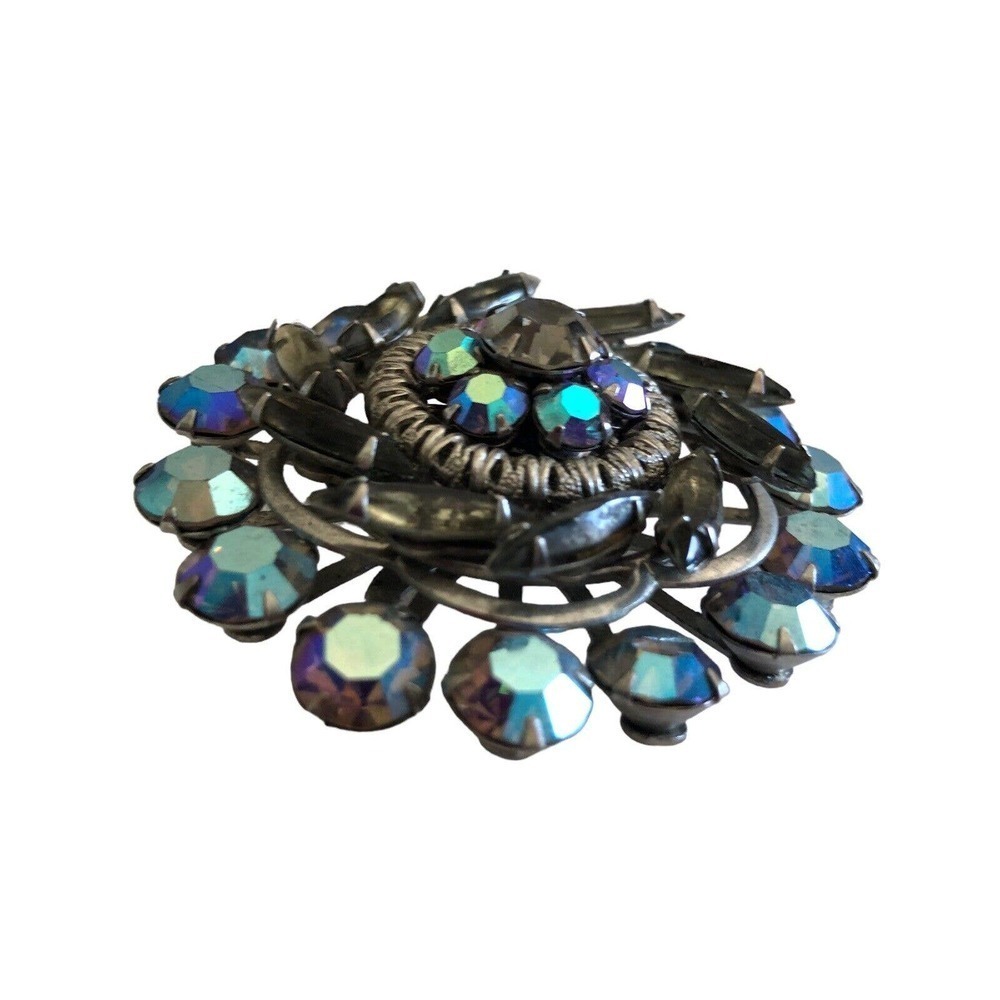Beautiful Smoky Topaz & Blue AB Rhinestone Brooch Filigree Vintage Jewelry - Picture 4 of 9